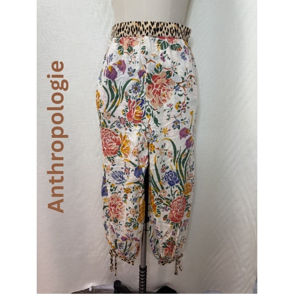 Anthropologie Pants - Anthropologie Floral Pants Leopard Trim Boho Crop Tie Hem Statement XS